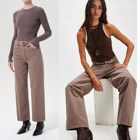 Agolde Ren Jeans Ceramic 27 Tan Brown Wide Leg High Rise Ankle Jean Copper Pants